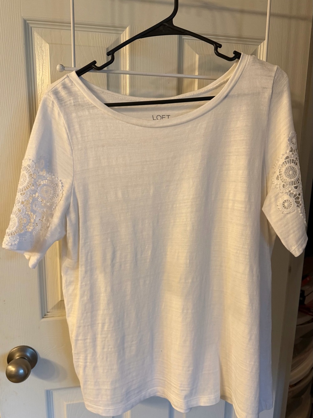 LOFT White Short Sleeve Top with Crochet Sleeve Detail